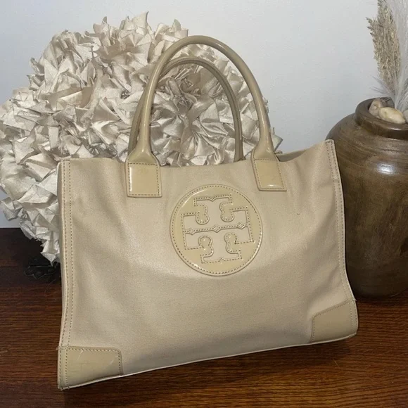 Tory Burch Ella Tote Bag Women Beige Tan Nylon Patent
Logo Shoulder Bag - Picture 2 of 10